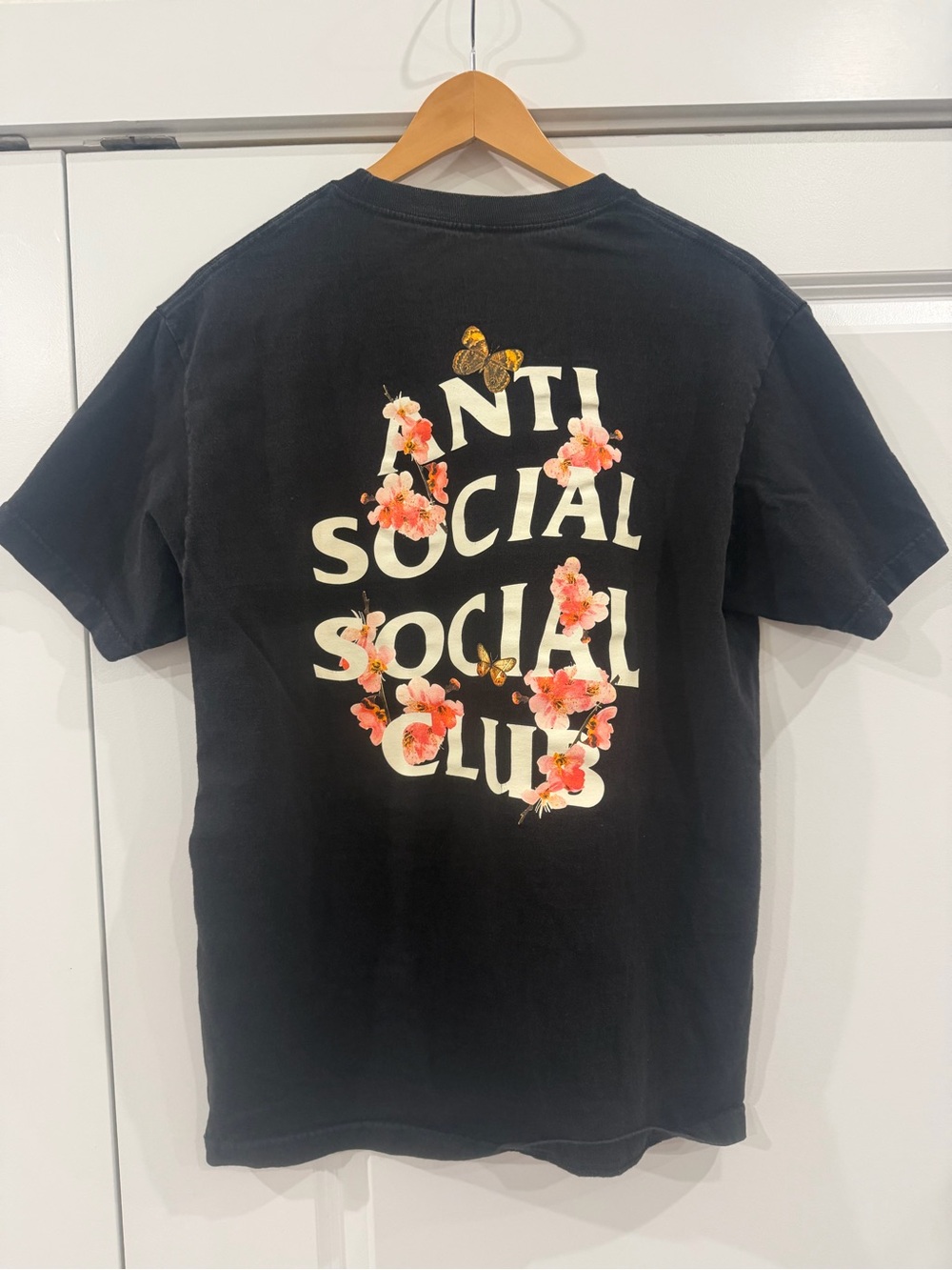 Anti Social Social Club Black Tee with Cream Logo & Pink Floral